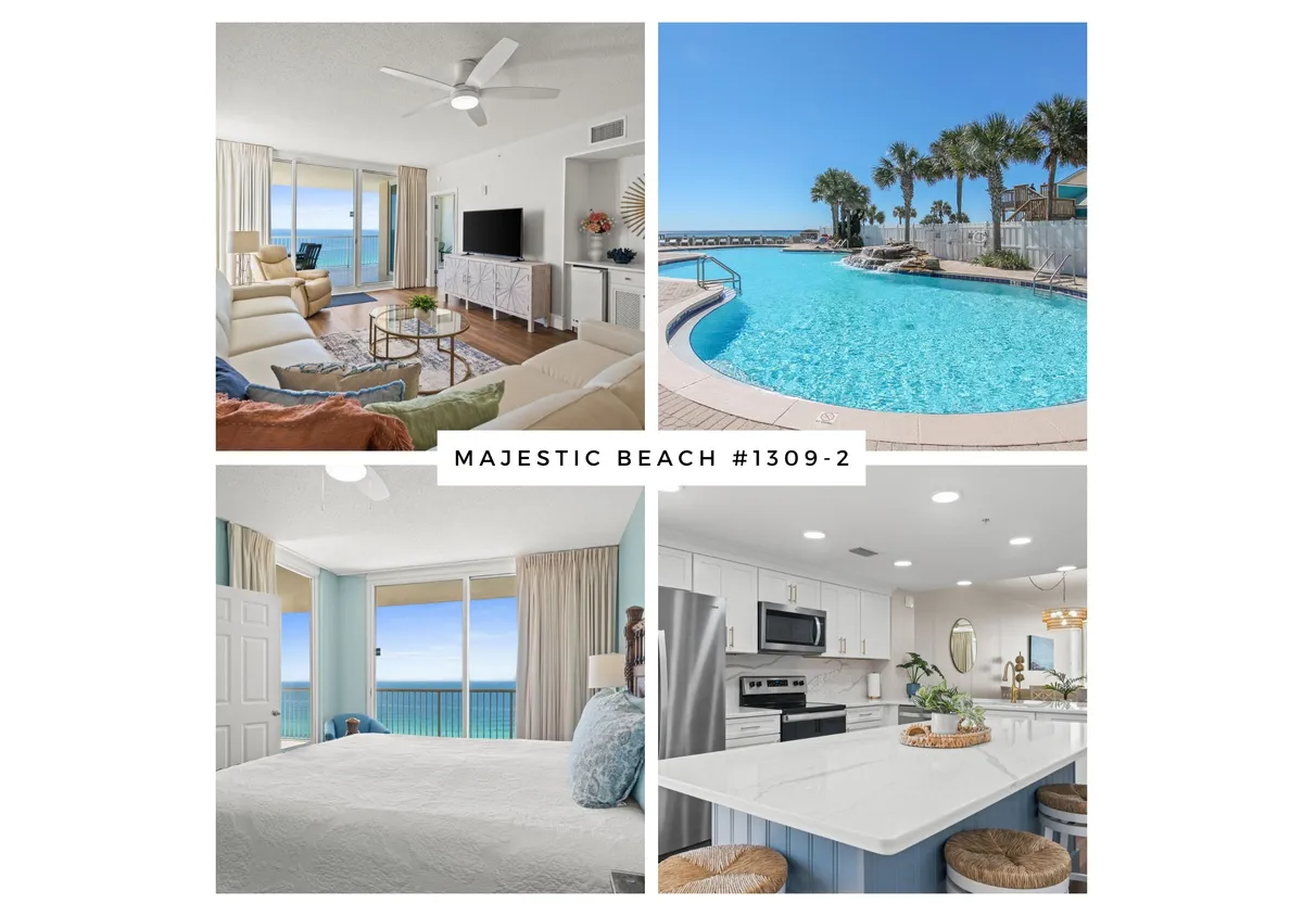The hero image showcases a sunlit, open-concept living area with elegant orange and turquoise décor. Floor-to-ceiling windows frame sweeping views of the Gulf, while a modern kitchen with a large island opens seamlessly to a cozy living room and a balcony overlooking the sparkling water. An inviting bedroom with ocean vistas is also visible, highlighting the condo's airy and upscale design.